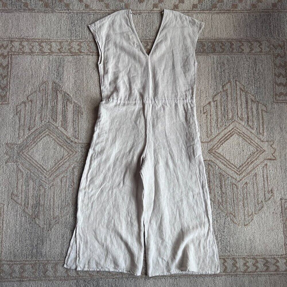 Linen Wide Leg Jumpsuit Coastal Minimal Euro Summer Neutral Pockets Women M - Picture 8 of 15